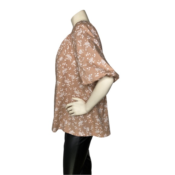 LANE BRYANT Tan Beige & White Floral Short-Puff Sleeve Split-Neck Top Blouse, 18 - Picture 8 of 14